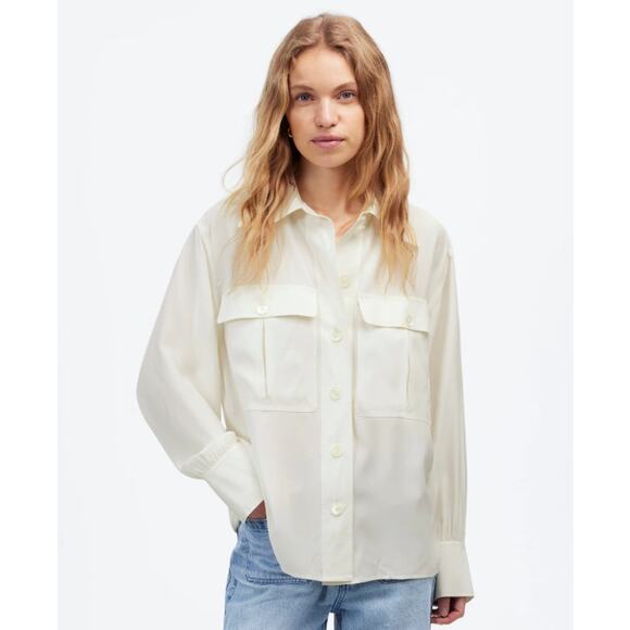 Madewell Silk Utility-Pocket Button-Up Shirt WMNS S Cream Oversized Long Sleeve - Picture 1 of 10